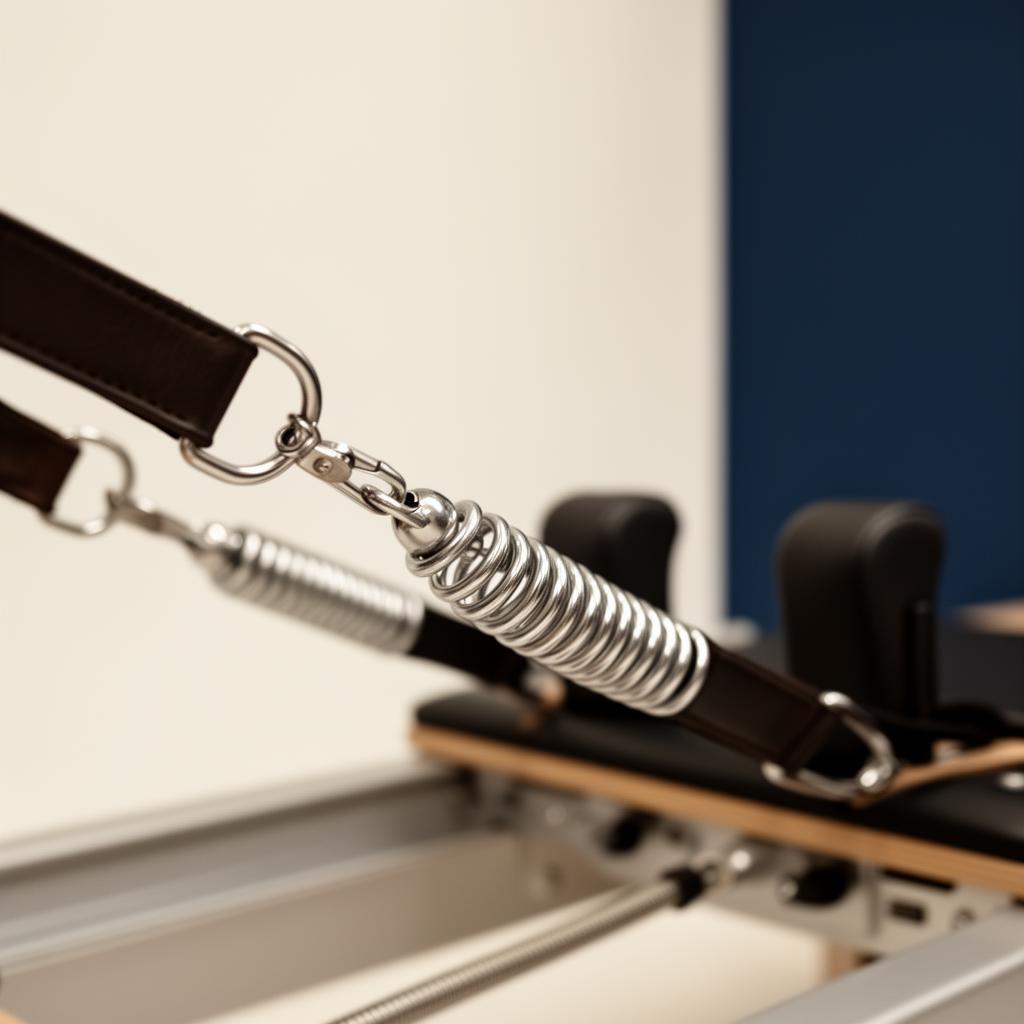 Detail of a reformer's springs and leather straps