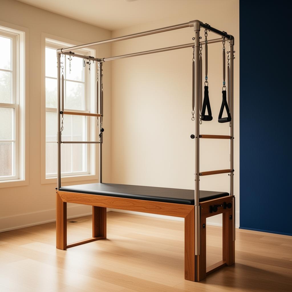 Pilates tower apparatus in a light-filled studio